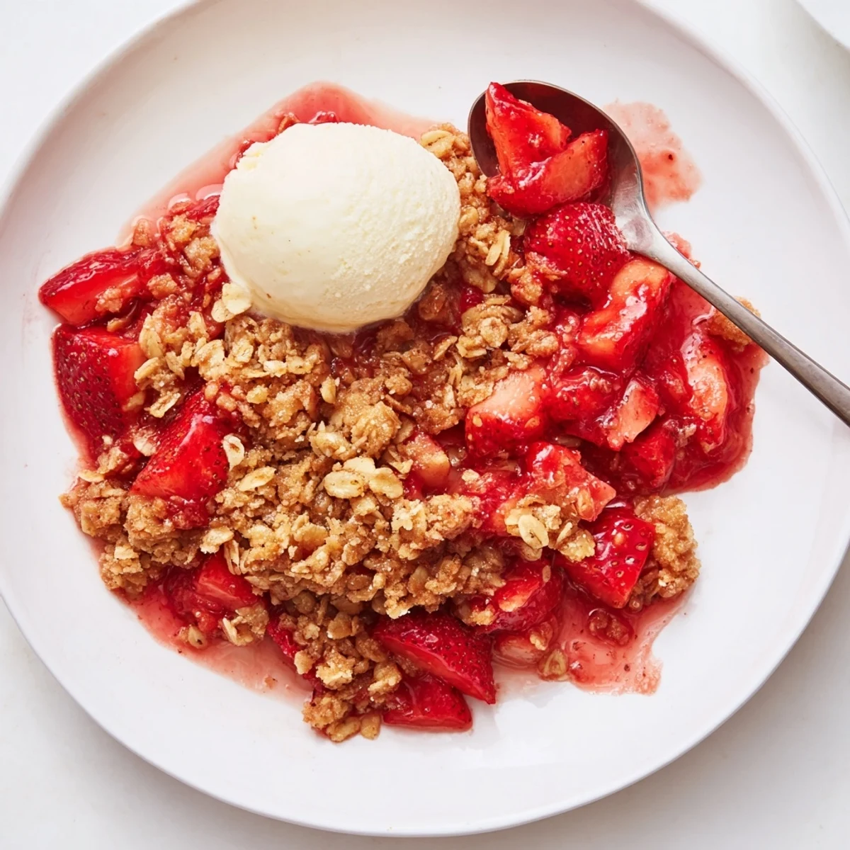 Fresh Strawberry Crisp Recipe bubbling in a golden oat topping, served warm.
