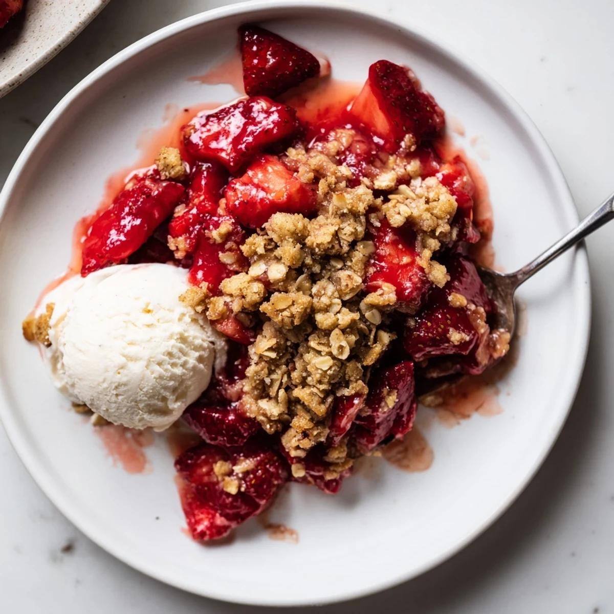 Baked Fresh Strawberry Crisp cooling on counter, juicy strawberry filling visible.
