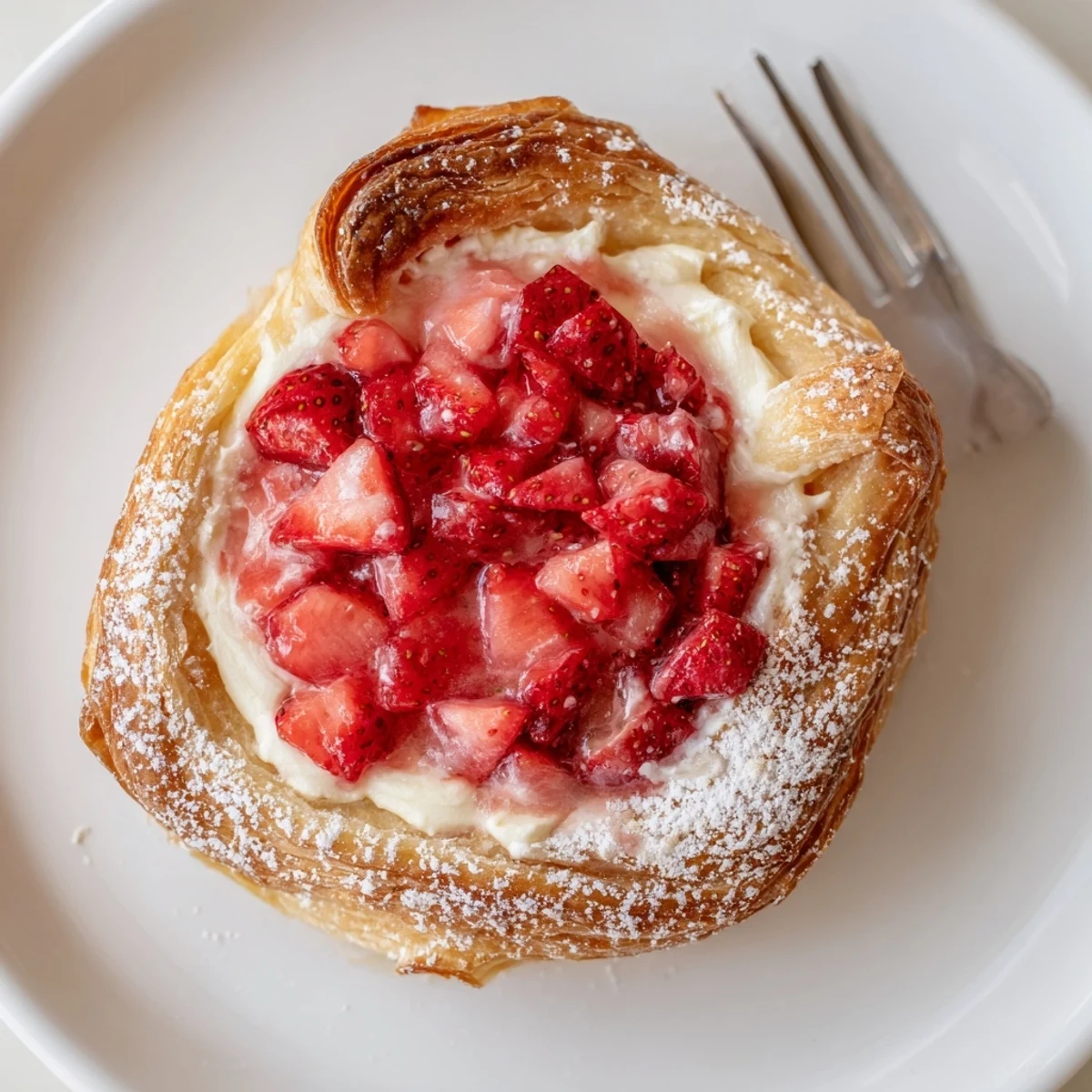 Warm Strawberry Danish Recipe served for breakfast, flaky layers steaming, powdered sugar