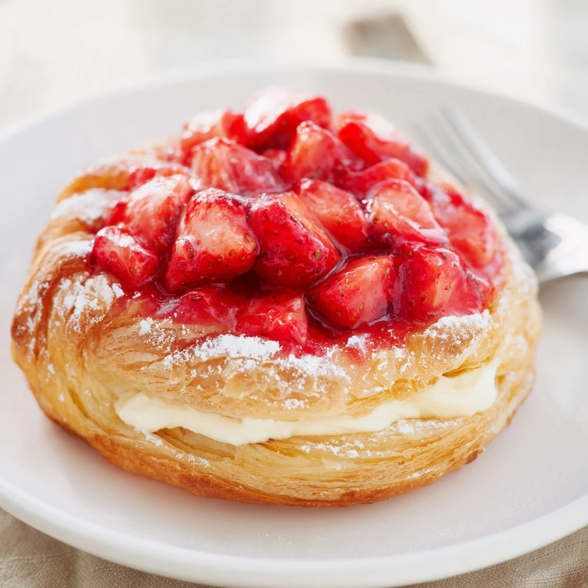 Flaky golden Strawberry Danish Recipe with creamy cheese and glazed strawberries, sliced