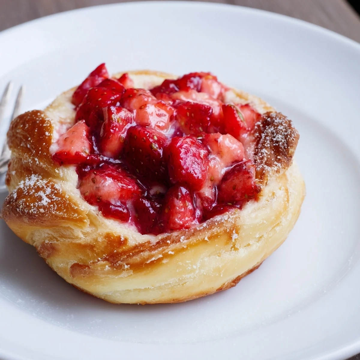 Close-up of baked Strawberry Danish Recipe: tangy strawberries, lemon-zested cream cheese