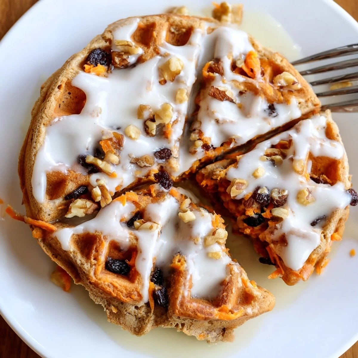 Golden Carrot Cake Waffles crisp edges, grated carrot flecks, toasted pecan garnish  