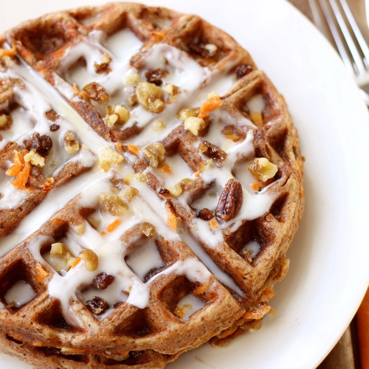 Carrot Cake Waffles steaming on plate, warm cinnamon aroma, cream cheese glaze  