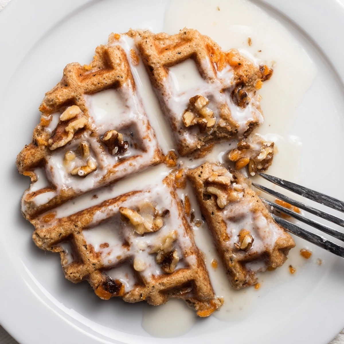 Plate of Carrot Cake Waffles stacked with syrup drizzle and whipped cream