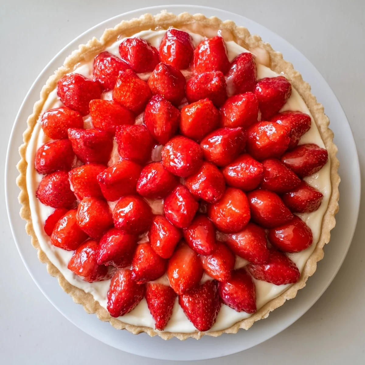 Slice of Tarte aux Fraises with glossy strawberries atop creamy pastry cream