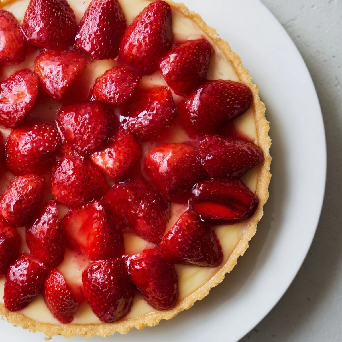 Whole Tarte aux Fraises on cooling rack, golden crust and fragrant vanilla