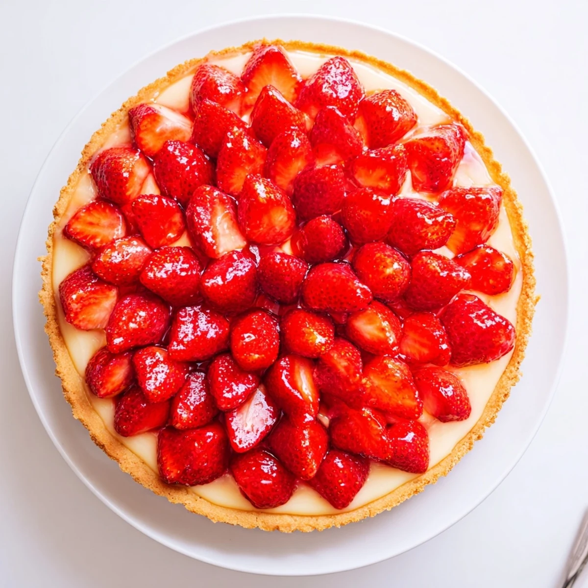 Serve chilled Tarte aux Fraises garnished with apricot glaze, bright strawberry aroma