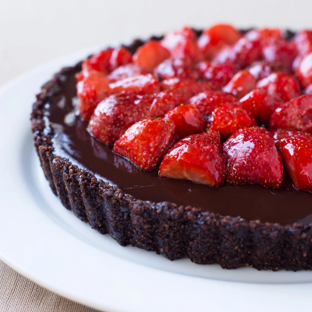 Dark Chocolate Strawberry Tart Recipe with glossy ganache, fresh berry slices, chilled