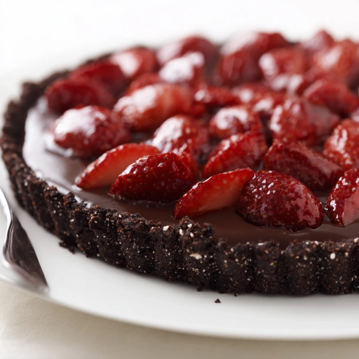 Dark Chocolate Strawberry Tart Recipe showcasing crisp chocolate crust and glossy ganache