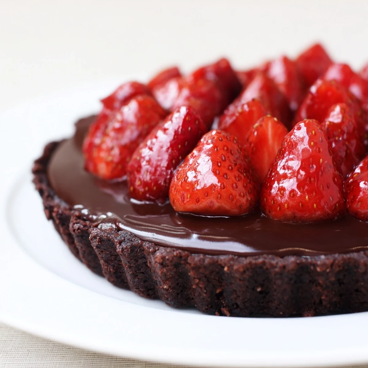 Bright halved berries atop Dark Chocolate Strawberry Tart Recipe, ready to serve