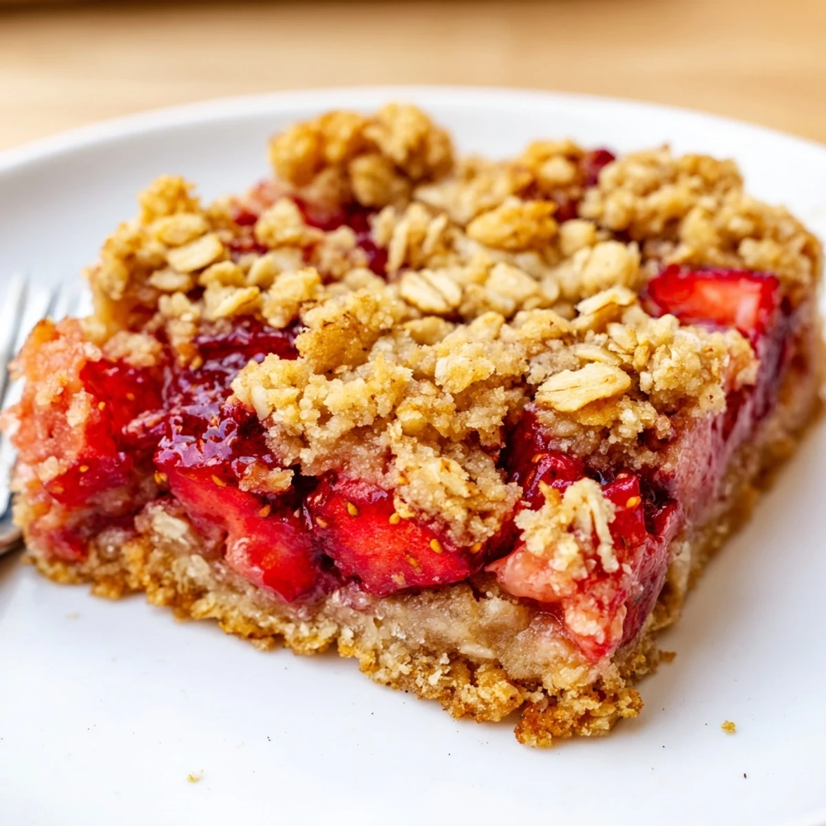 Warm Strawberry Oatmeal Crumble Bars cooling in pan, golden oat topping bubbling