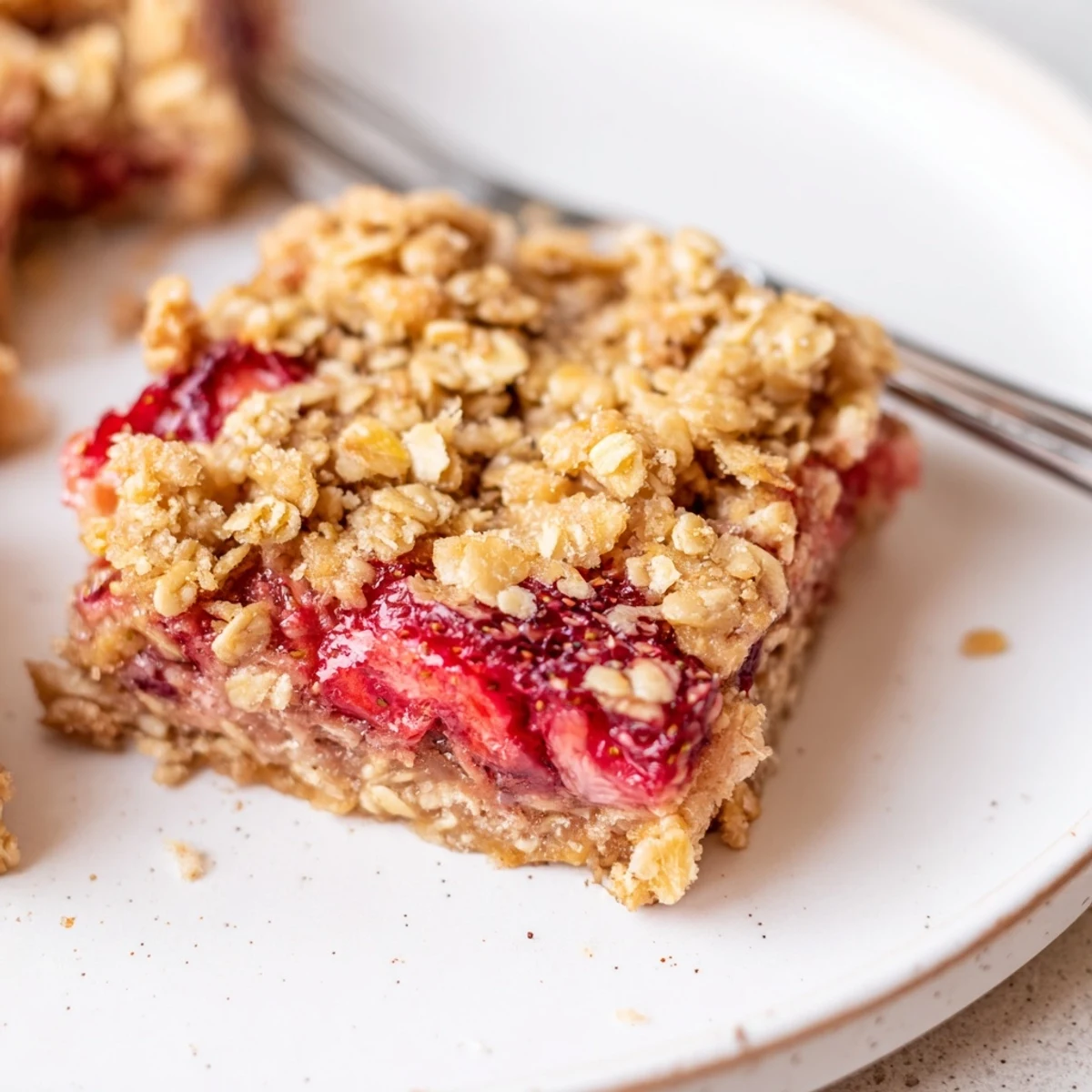 Bite removed revealing juicy filling in pan of Strawberry Oatmeal Crumble Bars