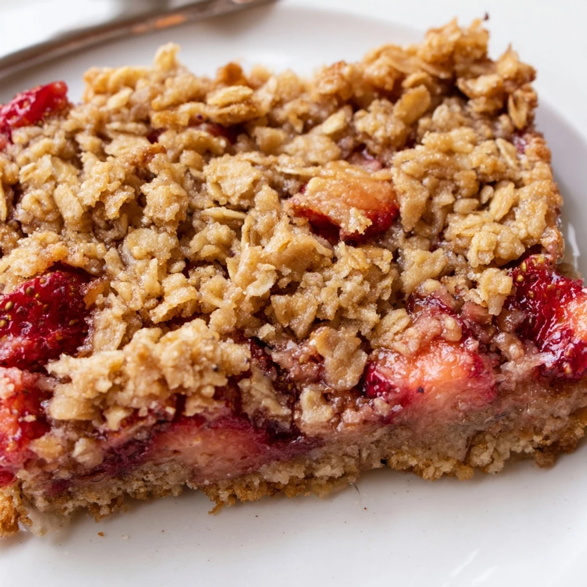 Square Strawberry Oatmeal Crumble Bars served with melting vanilla ice cream scoop