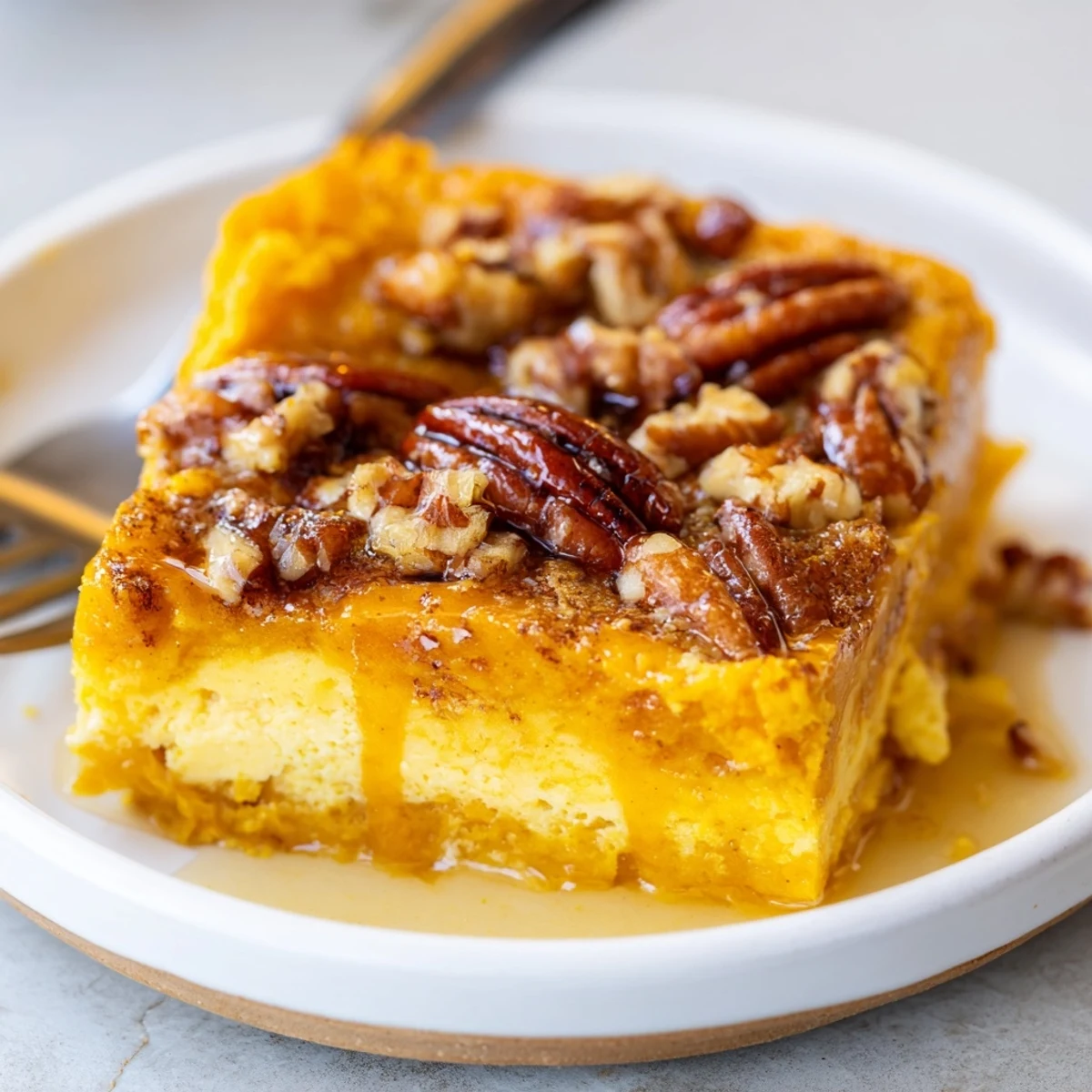 Sliced Pumpkin Dump Cake showing moist pumpkin layer under crunchy buttered cake topping