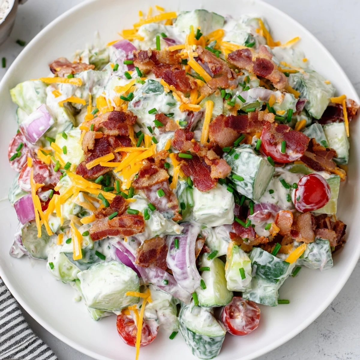 Cucumber Ranch Crack Salad piled in bowl, creamy ranch and crunchy bacon