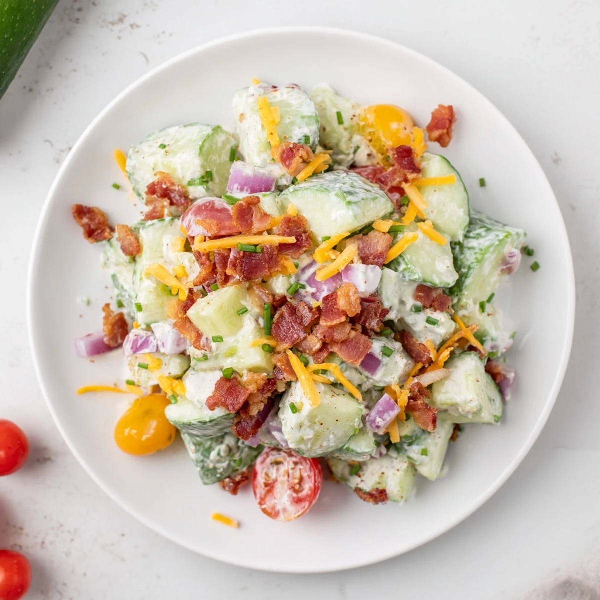 Cucumber Ranch Crack Salad served at potlucks, bright cucumbers and smoky bacon