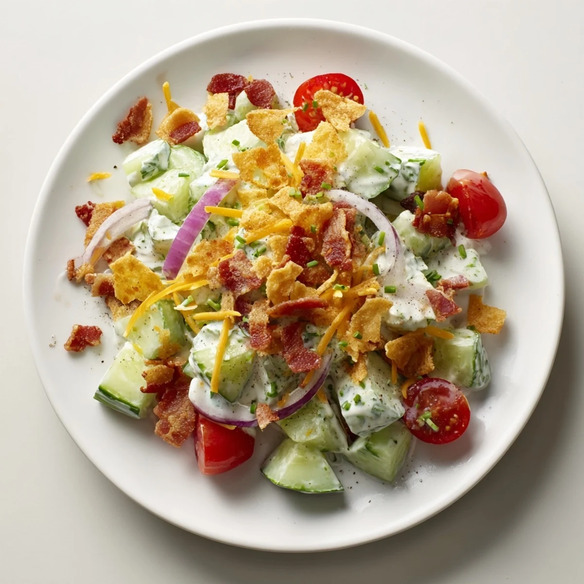 Creamy Cucumber Ranch Crack Salad with sharp cheddar, chips, and chives