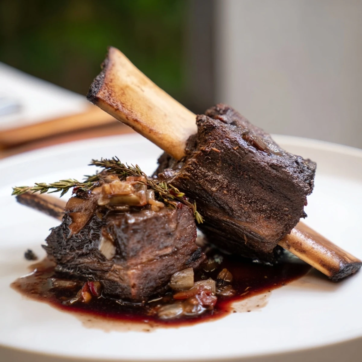 Herb scented Slow Cooker Beef Short Ribs served with roasted carrots and jus