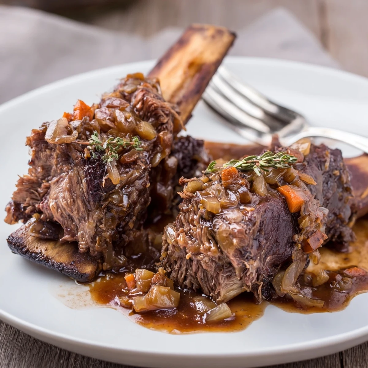 Steaming plate of mashed potatoes topped with Slow Cooker Beef Short Ribs