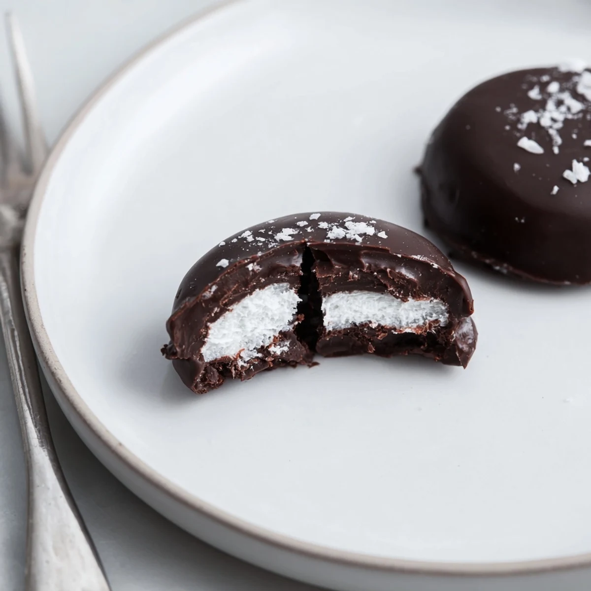 Stacked Peppermint Patties beside coffee, smooth dark coating, cool creamy center