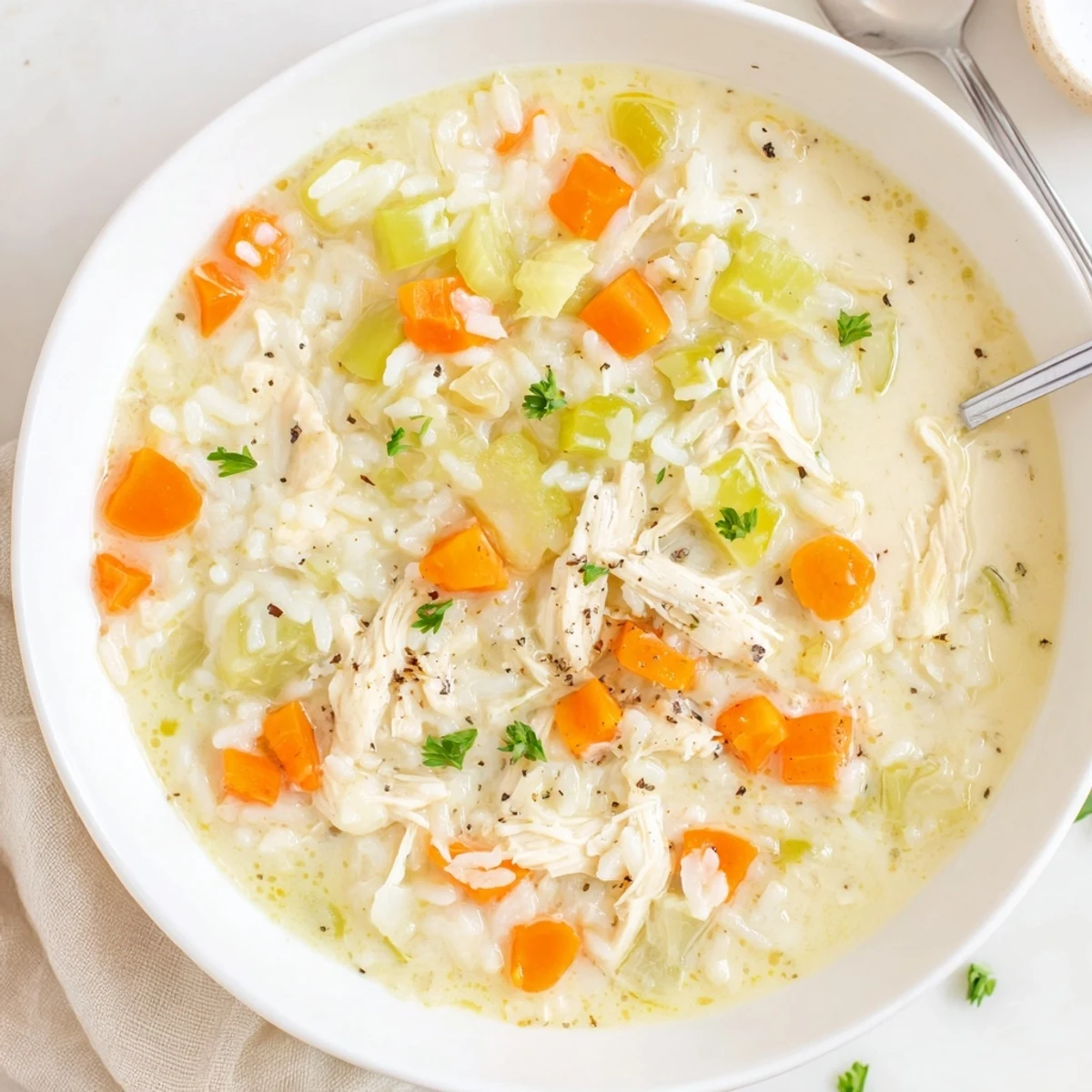 Creamy Chicken Rice Soup steaming in bowl, tender chicken and herbs.