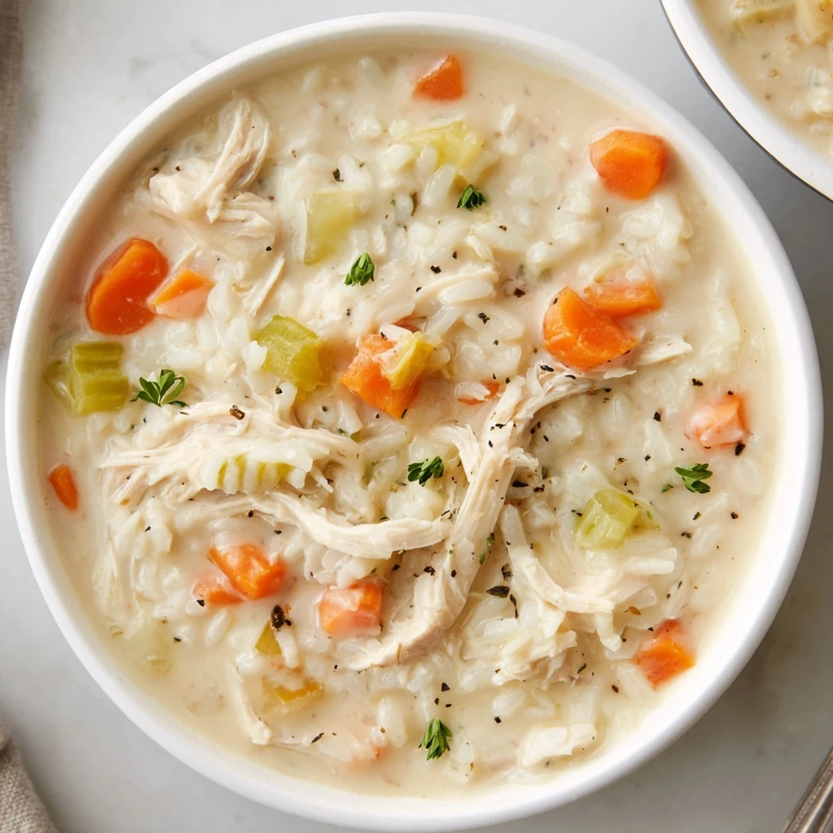 Warm Creamy Chicken Rice Soup ladled with velvety broth, shredded chicken.