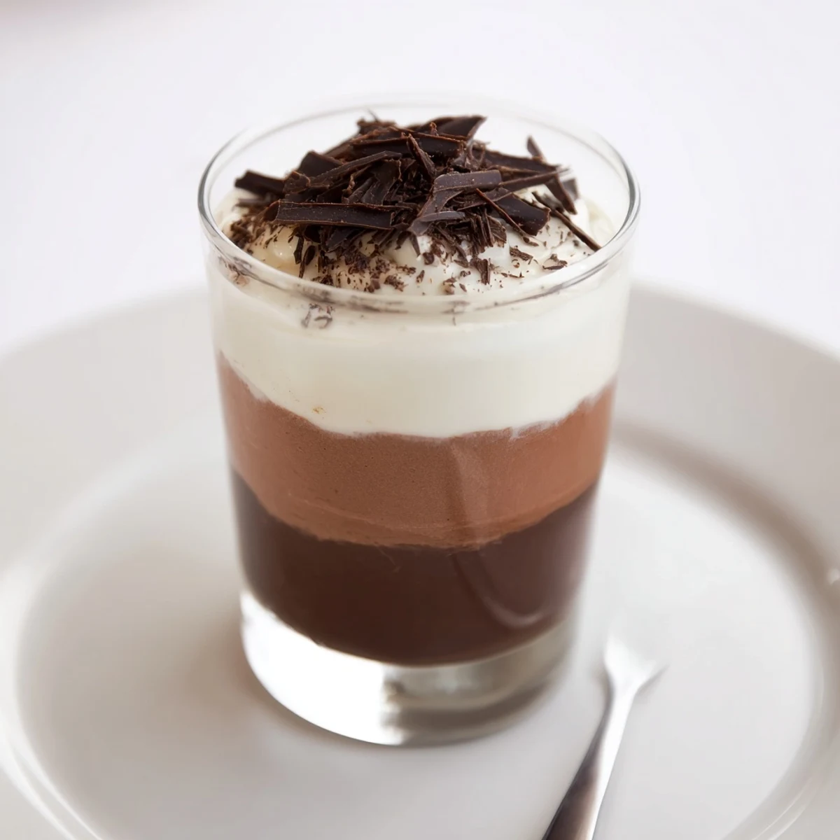 Triple Chocolate Mousse Cups layered in glass, velvety textures and glossy tops