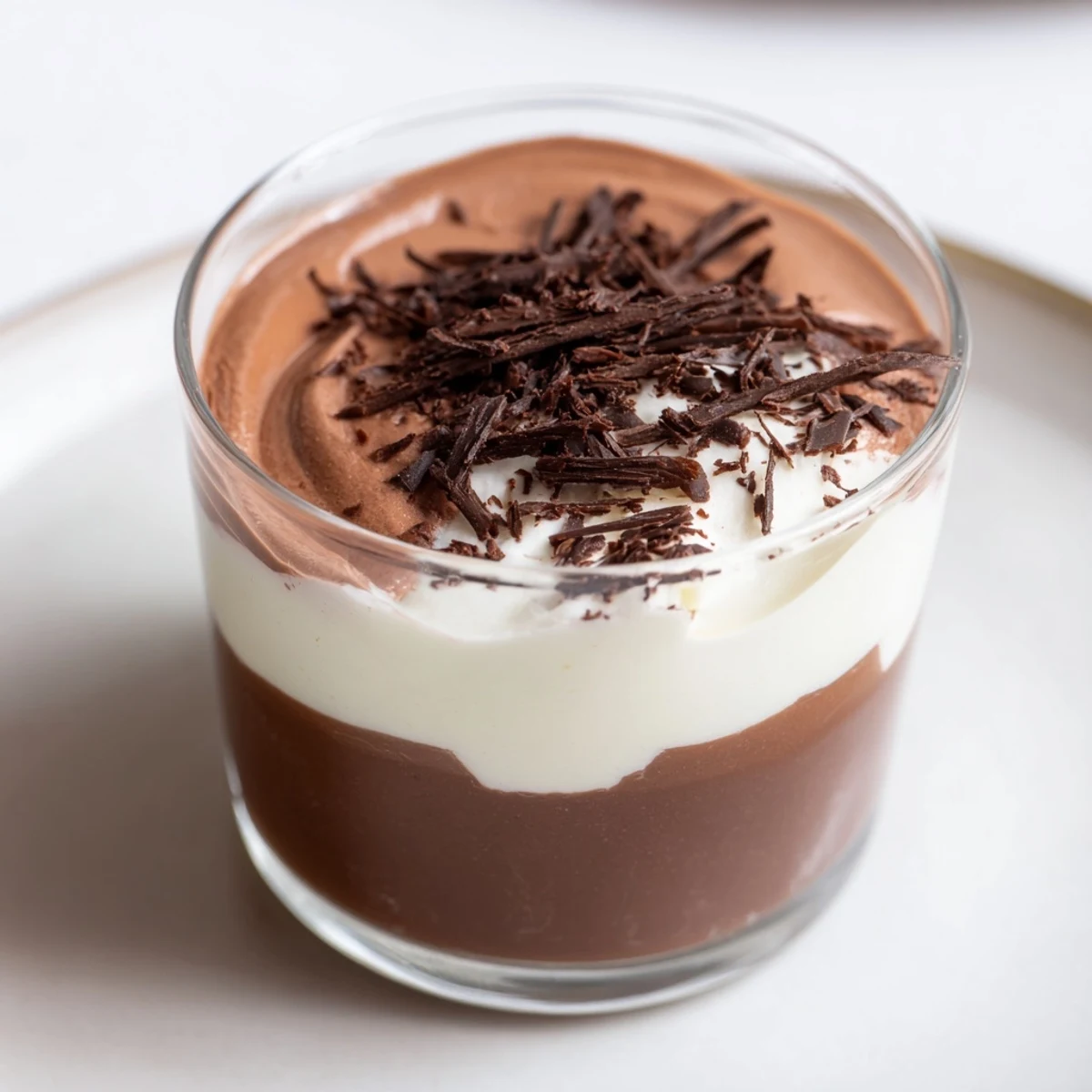 Plated Triple Chocolate Mousse Cups with shaved chocolate, creamy spoon-ready layers