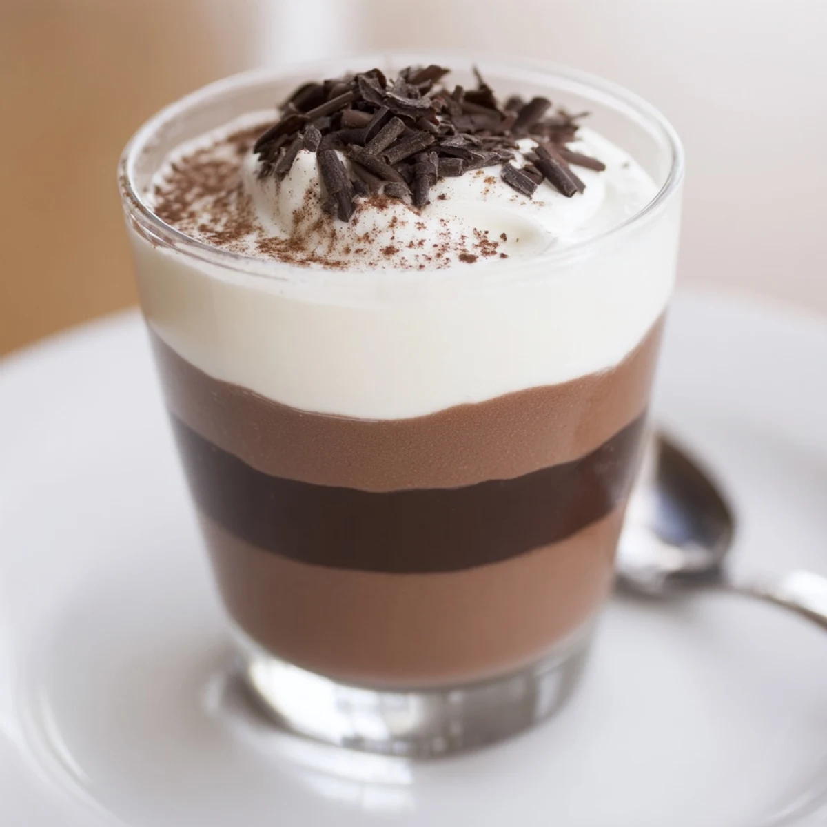 Individual Triple Chocolate Mousse Cups chilled, airy dark, milk, and white mousses