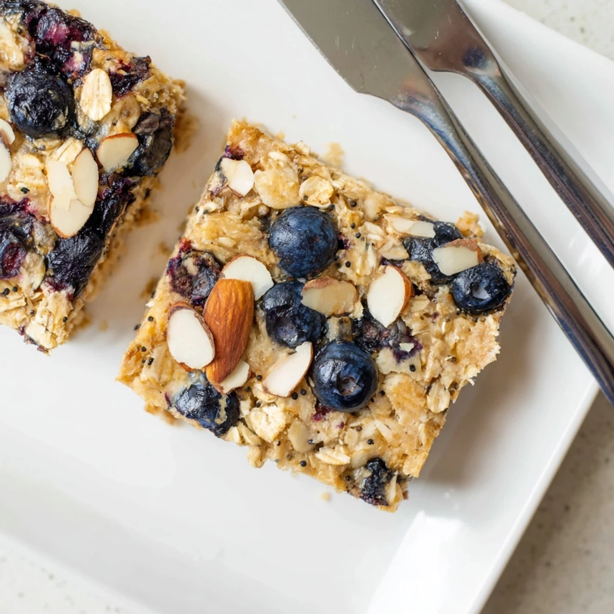 Golden high protein lemon blueberry breakfast bake topped with fresh blueberries and sliced almonds