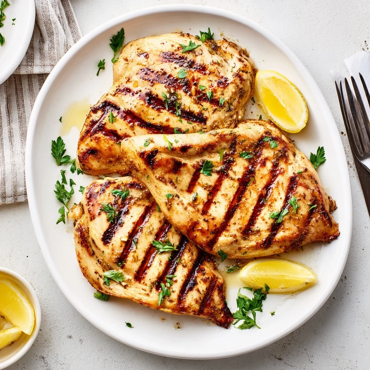Juicy grilled chicken recipe featuring beautifully charred golden brown meat with fresh herb garnish on a white plate