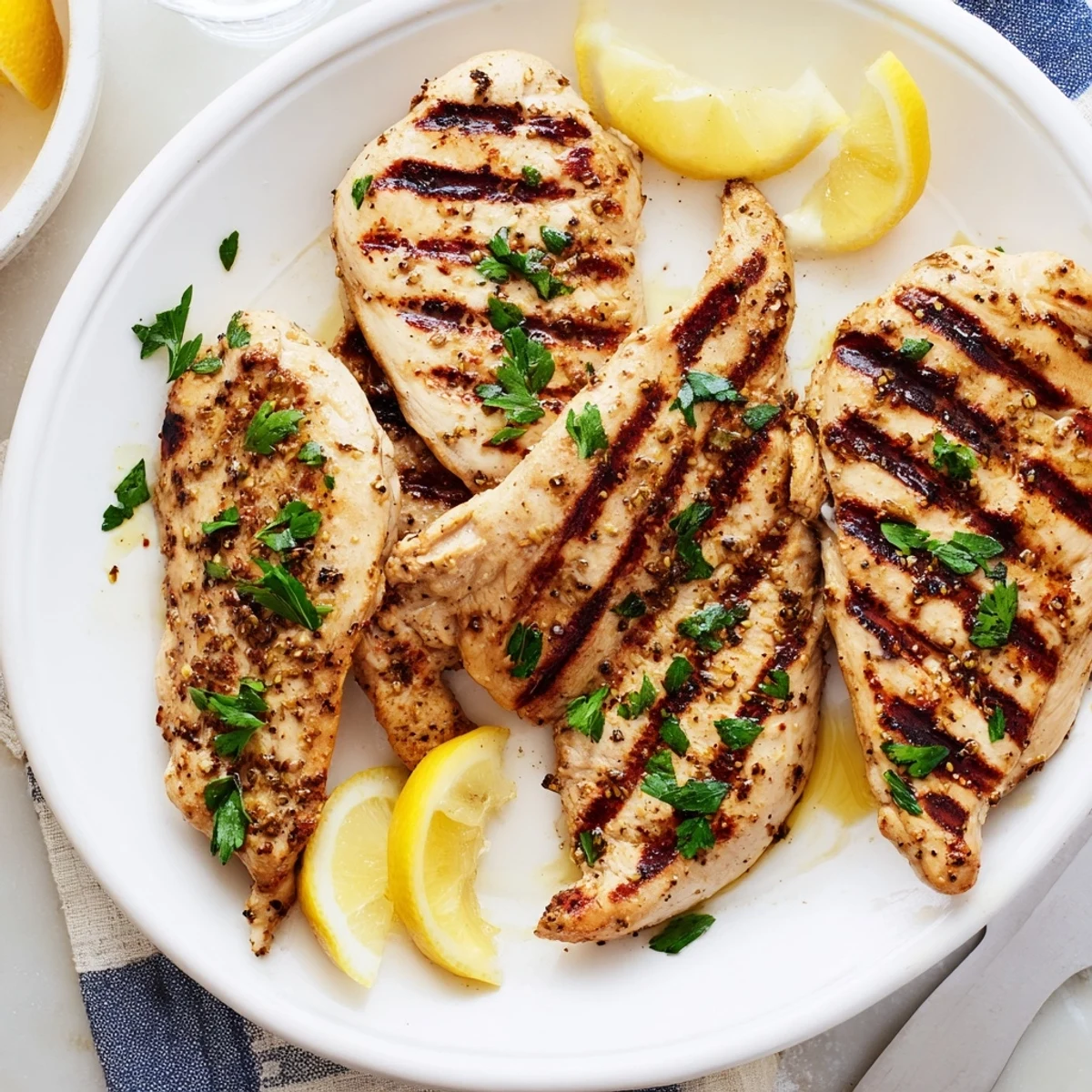 Perfect grilled chicken recipe displaying tender marinated breasts with attractive grill marks and lemon wedge garnish