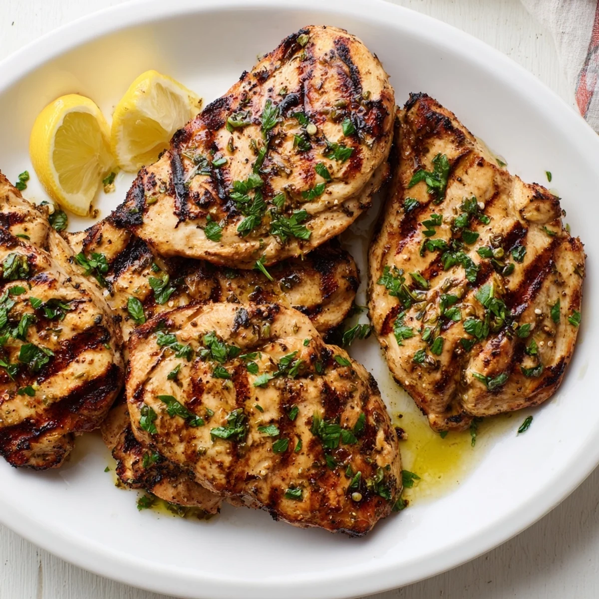 Easy grilled chicken recipe showing succulent seasoned meat resting on a cutting board with fresh parsley