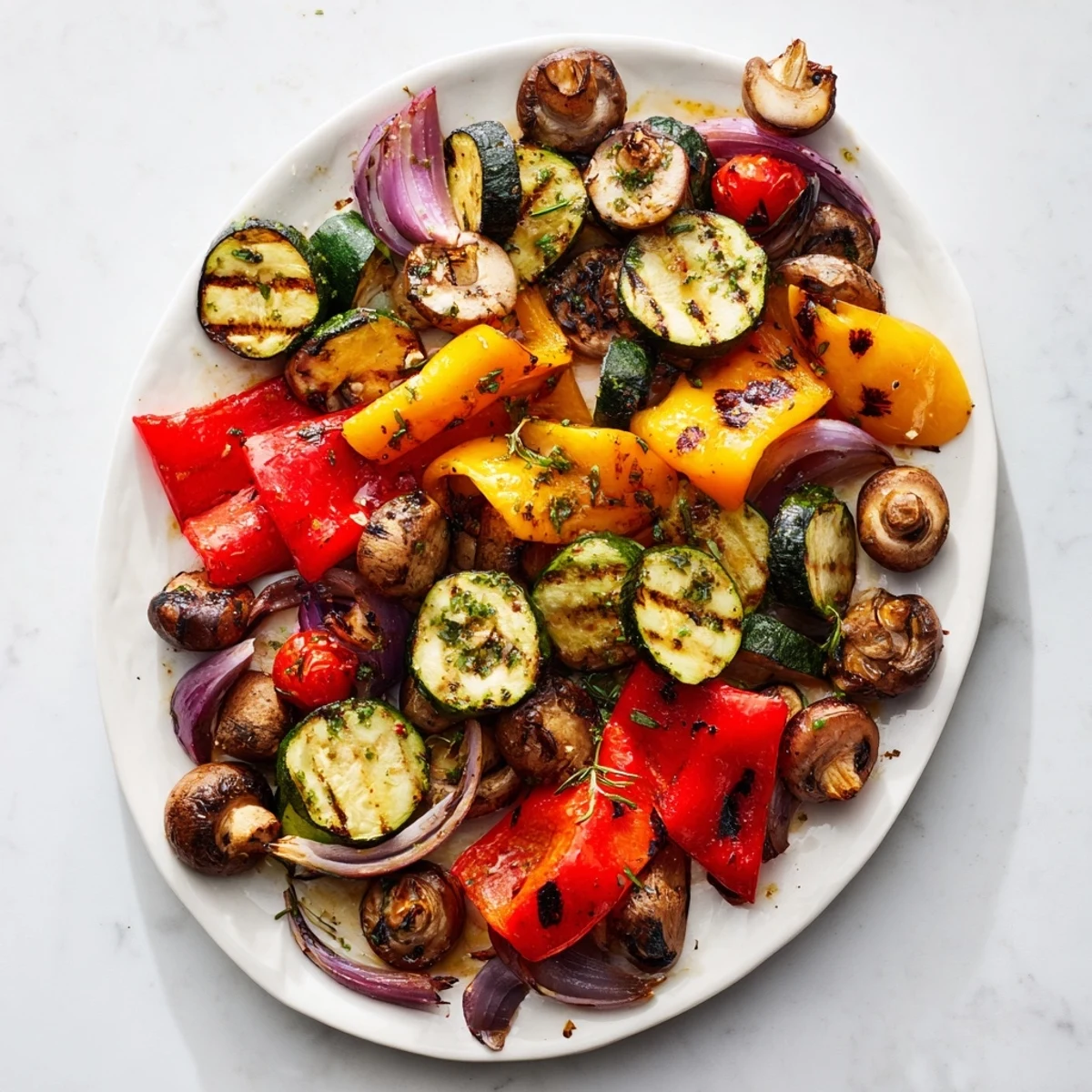 Colorful charred bell peppers, zucchini, and eggplant from this incredible BBQ grilled vegetables marinated recipe served on a white platter