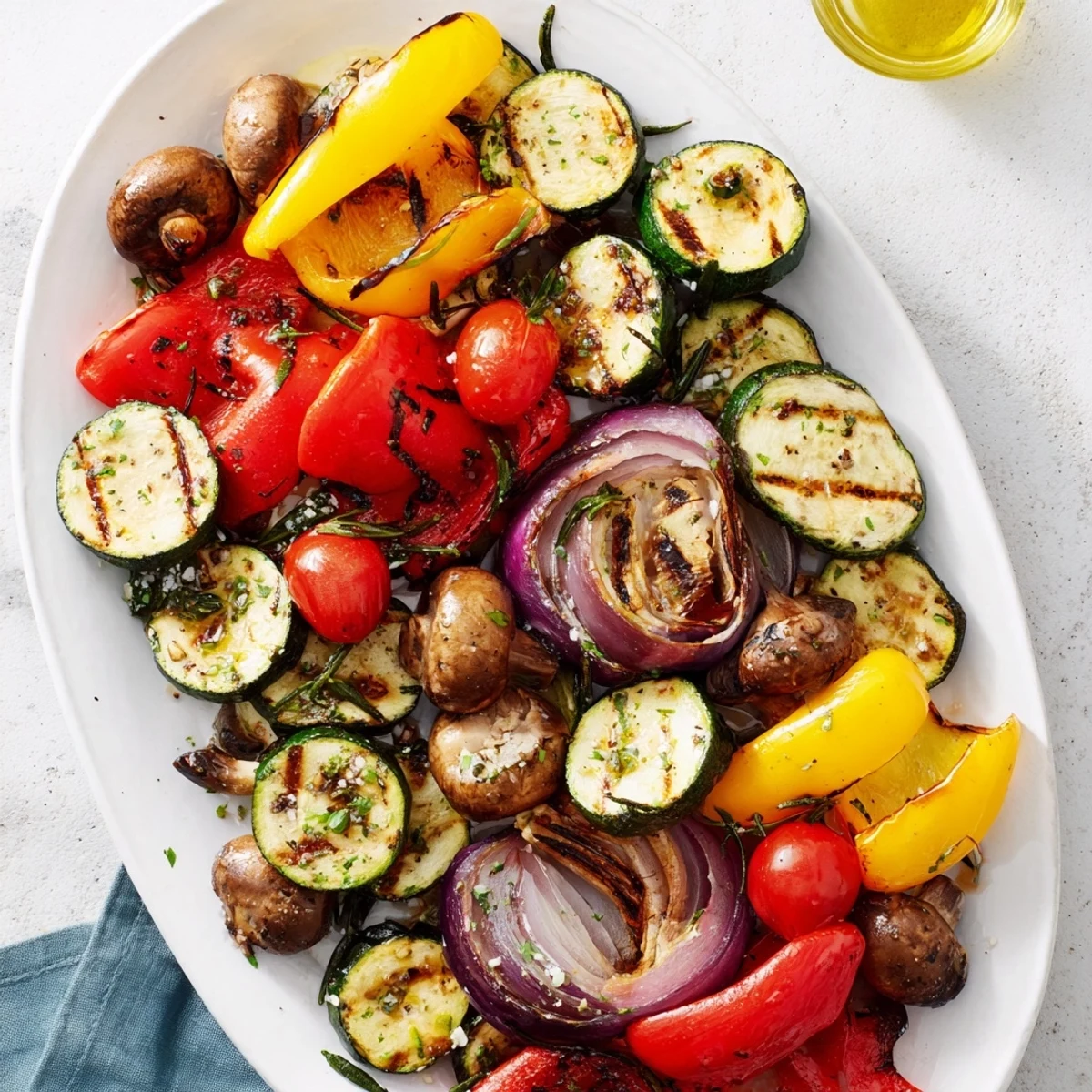 Platter of tender grilled vegetables coated in zesty herb marinade, featuring smoky char marks from this incredible BBQ grilled vegetables marinated recipe