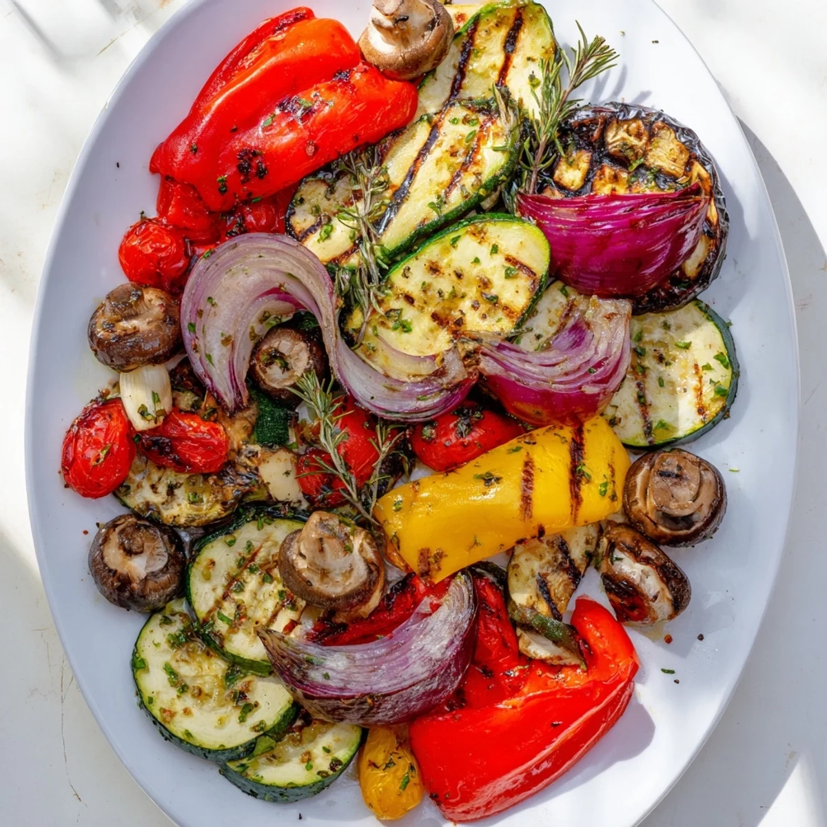 Sizzling skewers of herb-marinated summer vegetables grill over open flames, showcasing this incredible BBQ grilled vegetables marinated recipe with charred edges
