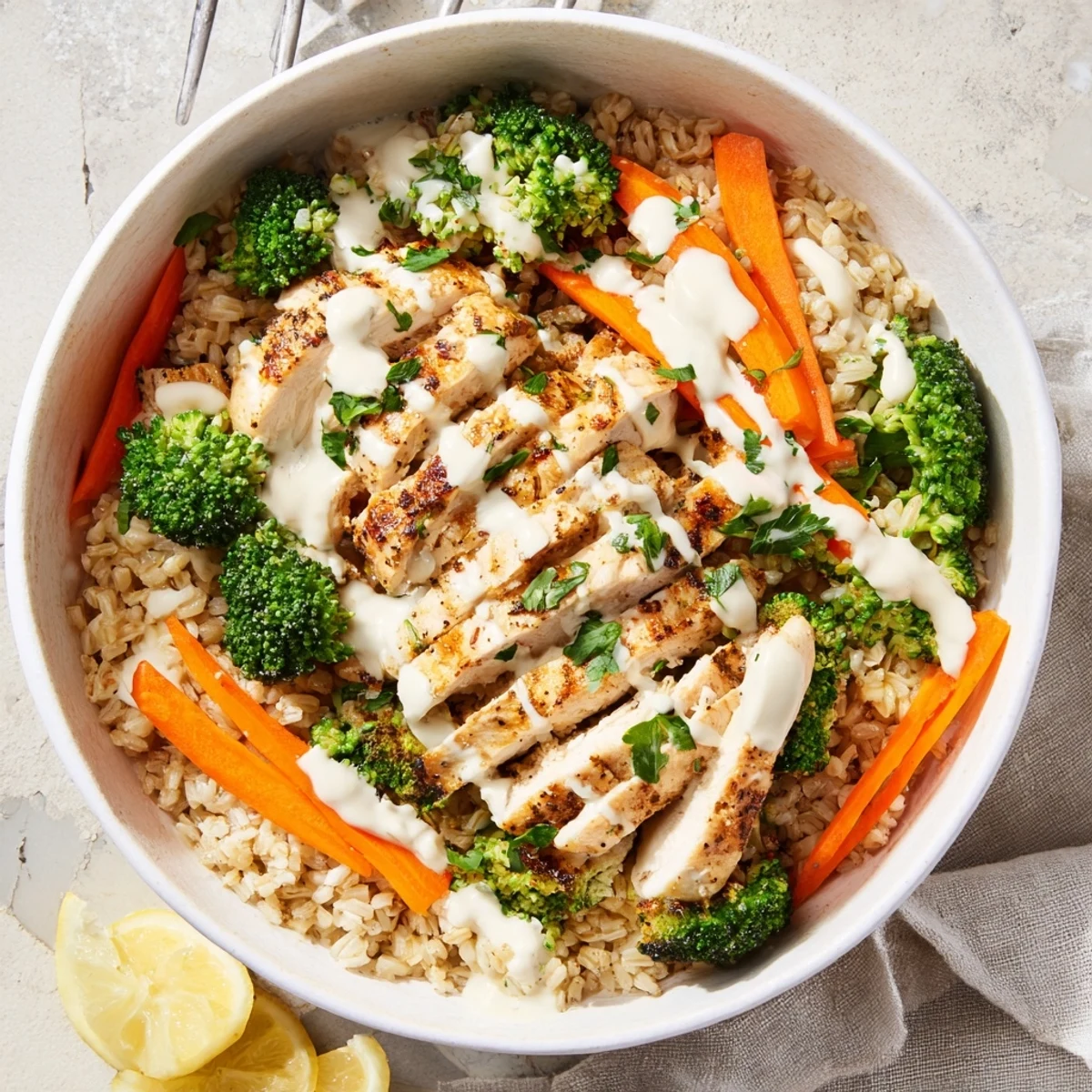 Golden sliced grilled chicken atop steamed green broccoli florets drizzled with creamy white garlic sauce in a bowl