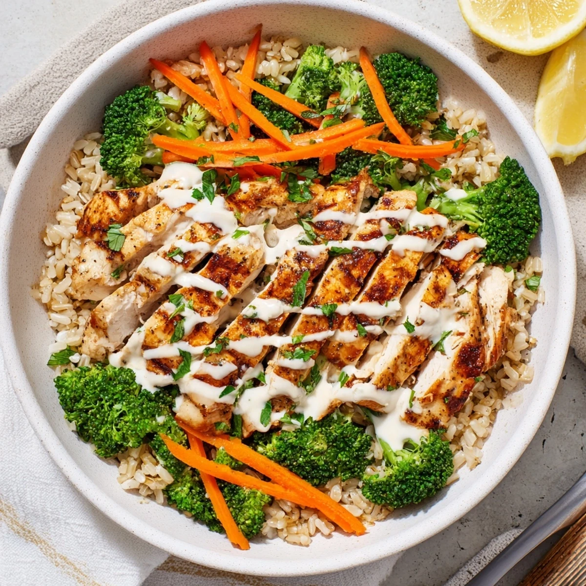 Healthy grilled chicken broccoli bowl with fluffy brown rice and fresh parsley garnished with lemon wedges