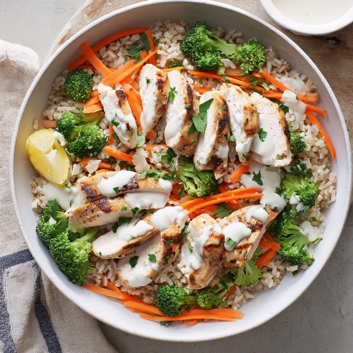 Tender spiced chicken breast slices over colorful vegetables with thick creamy garlic dressing sauce garnished