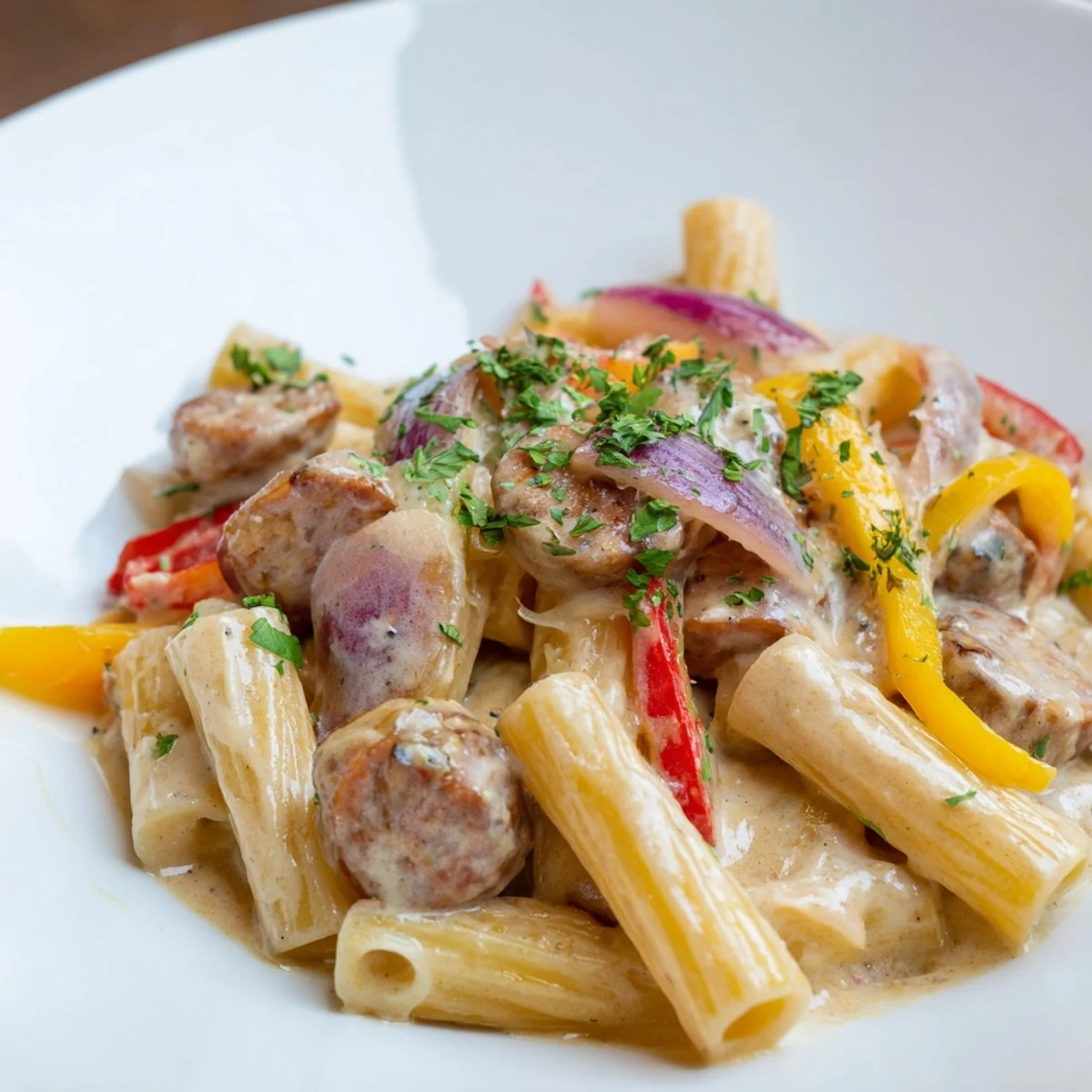 Creamy Cajun sausage pasta tossed with colorful bell peppers in a rich spicy sauce plate