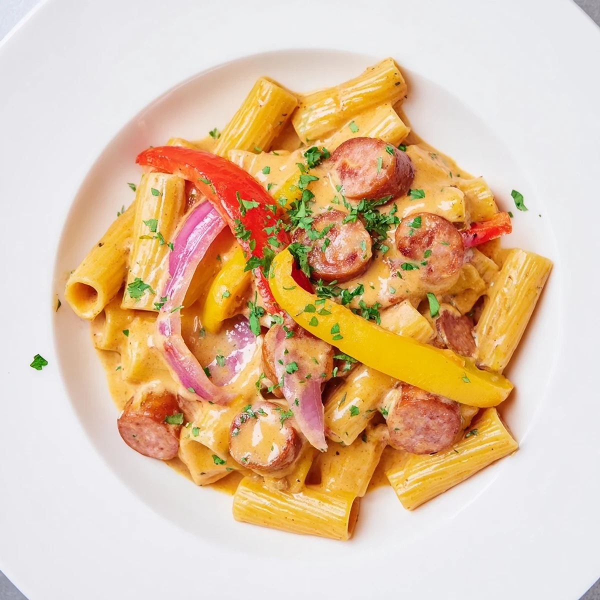 Steaming bowl of Cajun sausage pasta with sliced andouille and vibrant red yellow peppers garnished