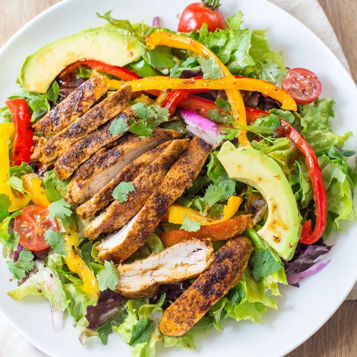 Fresh grilled chicken fajita salad with colorful peppers, creamy avocado, and zesty lime dressing on mixed greens