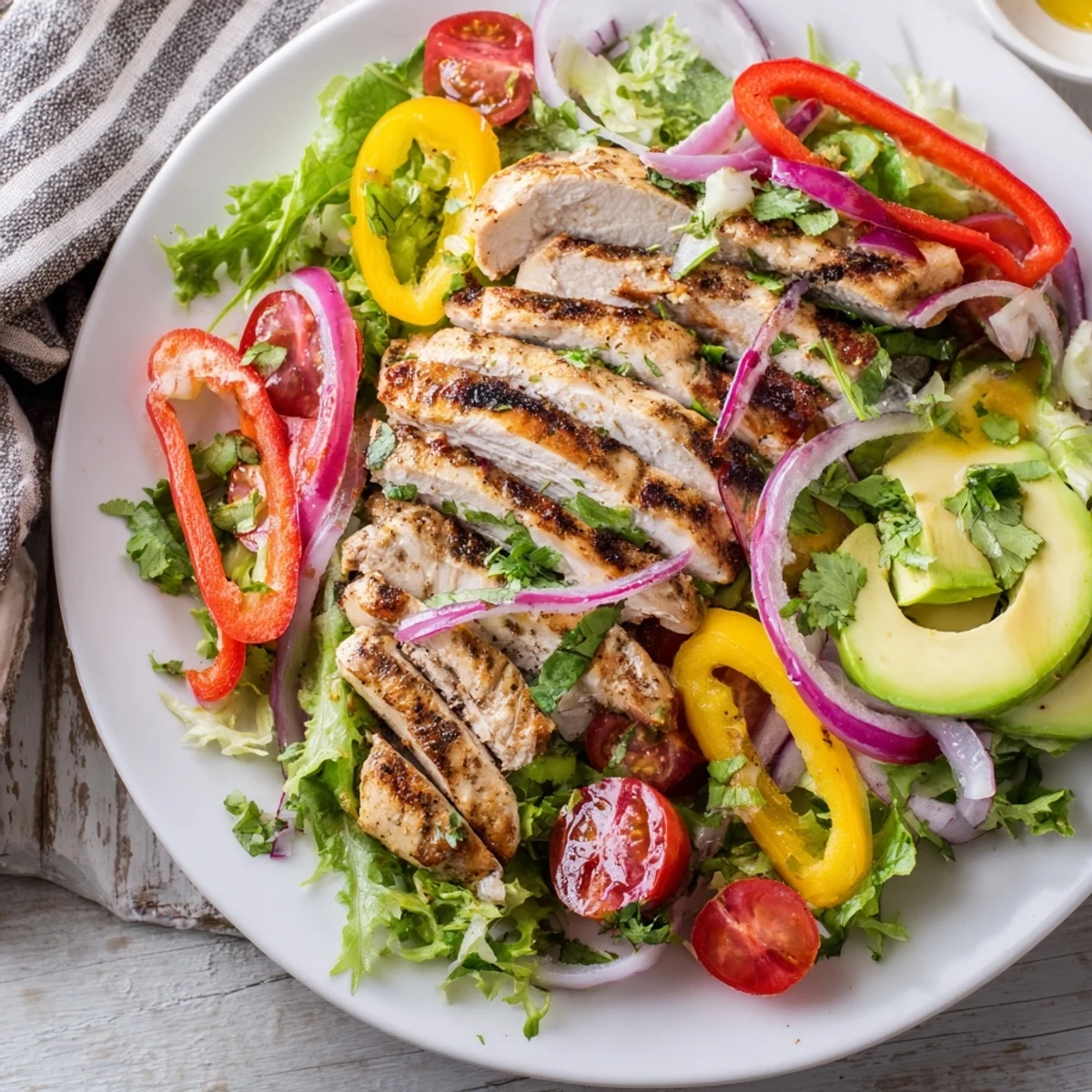 Vibrant grilled chicken fajita salad featuring juicy spiced strips, ripe avocado slices, and cherry tomatoes over greens