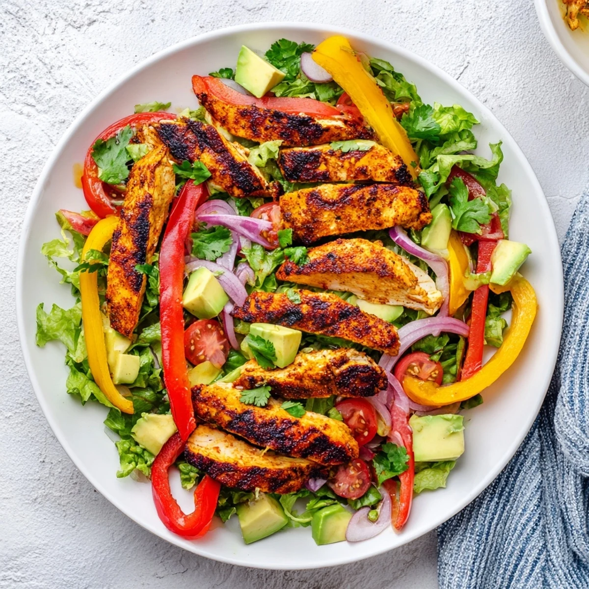 Sliced fajita-spiced chicken breast atop crisp bell peppers, red onion, and avocado in a healthy Tex-Mex salad bowl