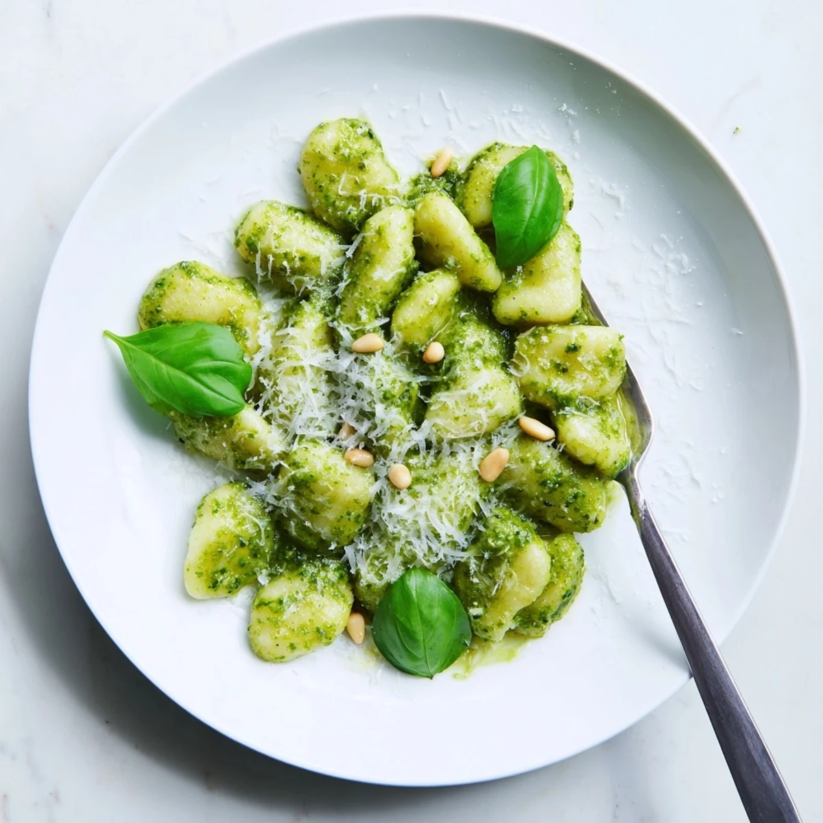 Soft potato gnocchi coated in vibrant green basil pesto sauce with grated Parmesan