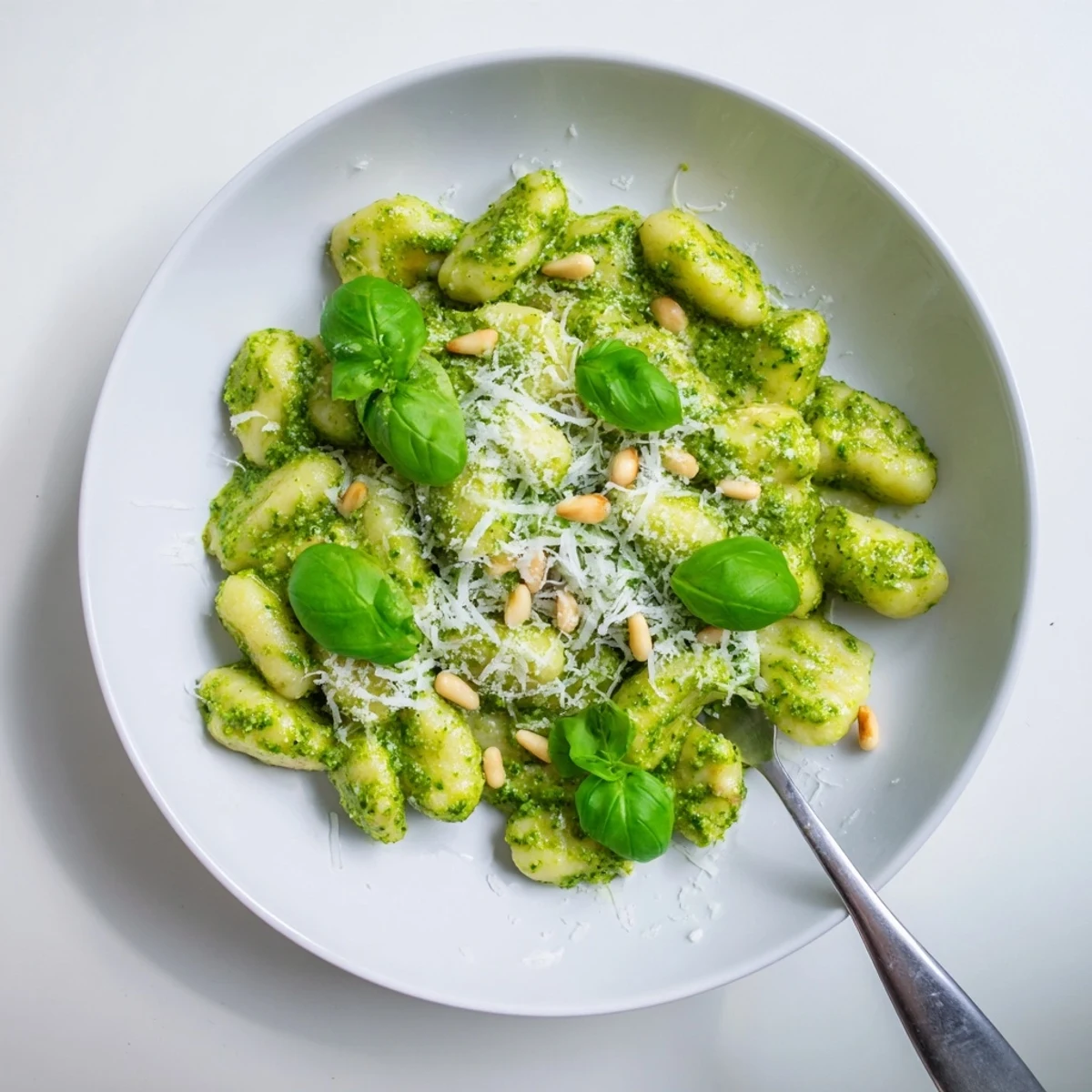 Golden potato dumplings tossed with fresh homemade basil pesto and pine nut garnish