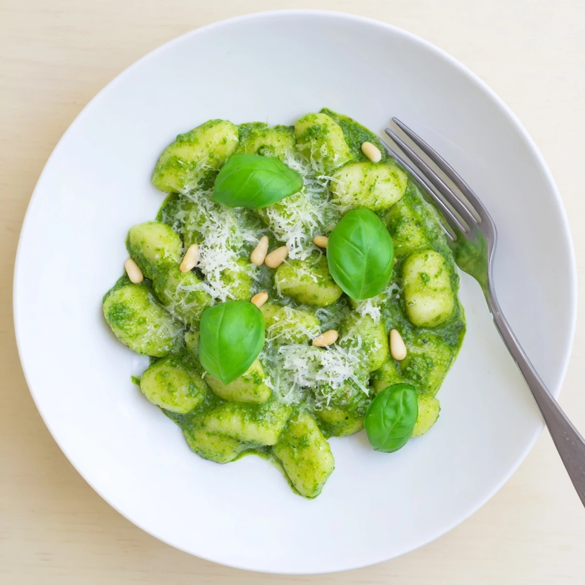Plate of pesto gnocchi featuring creamy green sauce and extra basil sprinkled on top