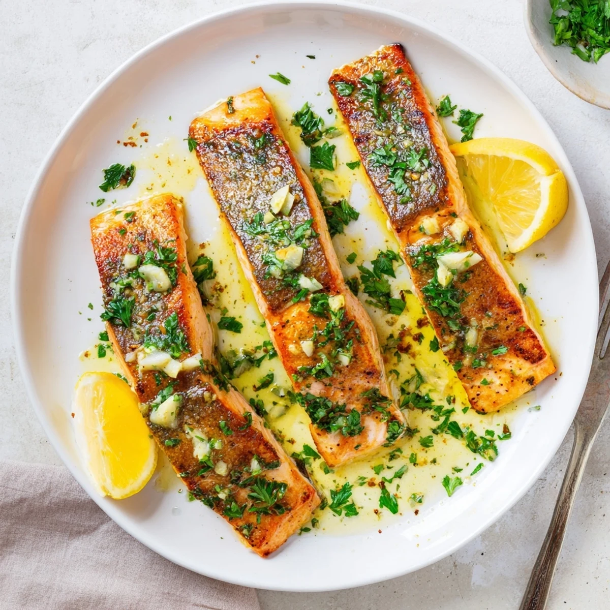 Restaurant-style pan seared salmon served hot with creamy garlic butter topping, lemon wedges, and chopped herbs
