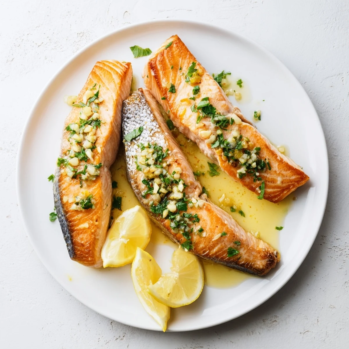 Golden pan seared salmon fillets with crispy skin drizzled with melted garlic butter sauce and fresh parsley
