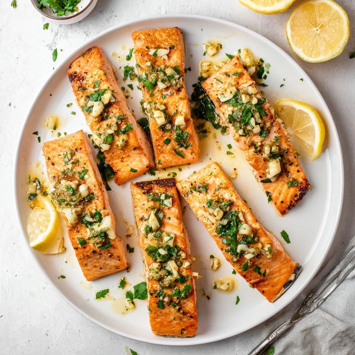 Perfectly cooked pan seared salmon finished with aromatic garlic butter sauce and garnished with fresh parsley and lemon